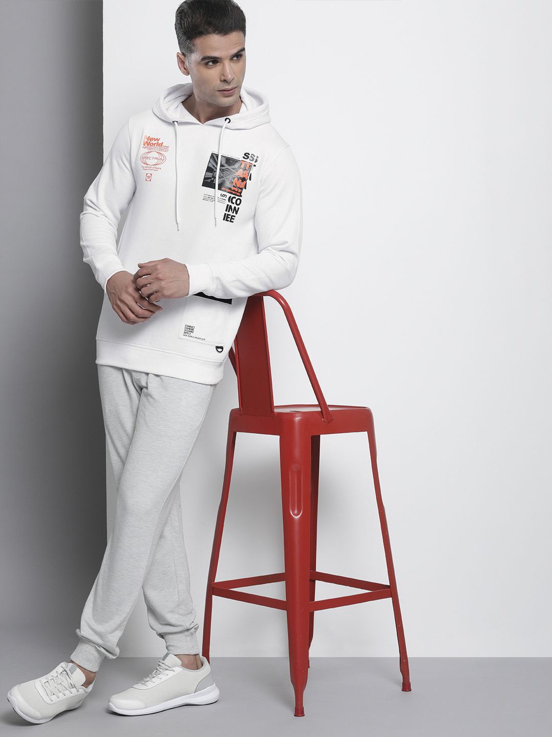 The Indian Garage Co Men White & Black Printed Hooded Sweatshirt