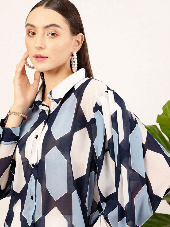STREET 9 Navy Blue & White Contemporary Geometric Printed Casual Shirt