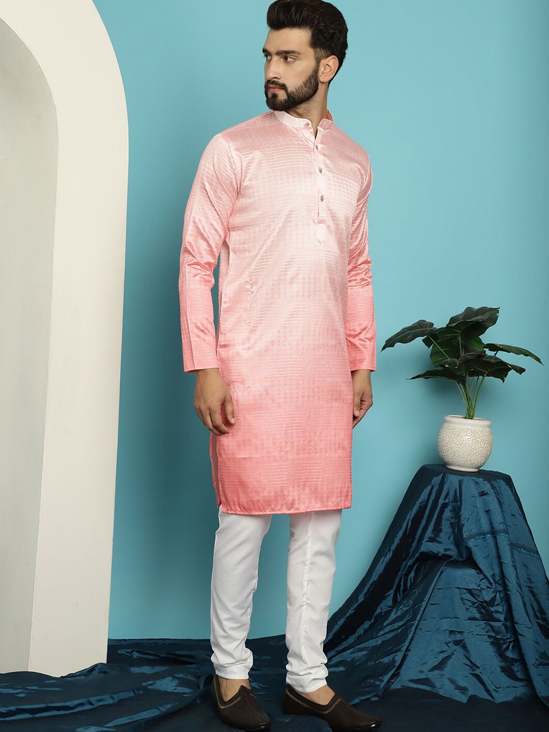 SOJANYA Geometric Woven Design Band Collar Jacquard Silk Kurta With Churidar