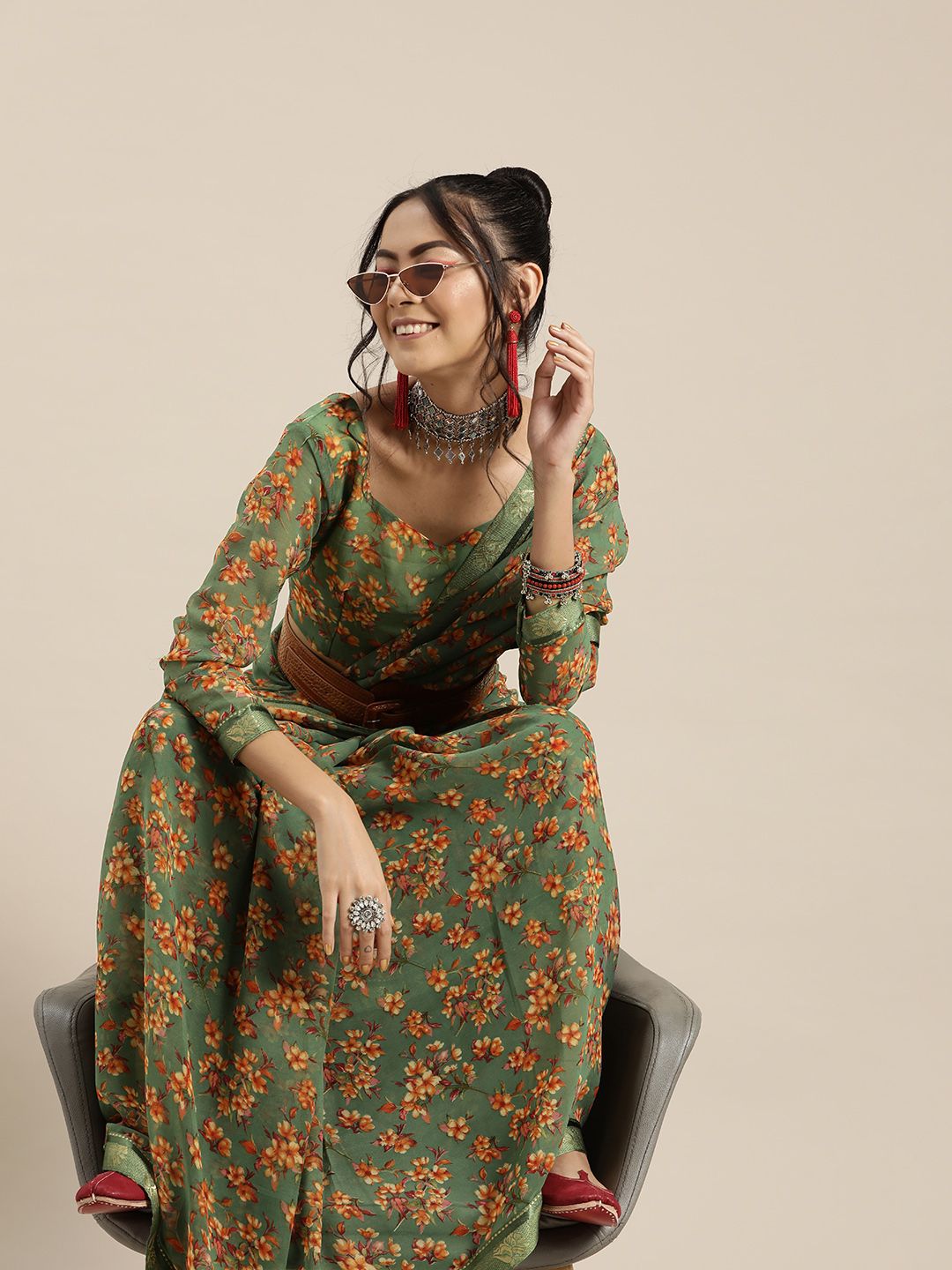 Saree mall Green Orange Poly Georgette Floral Print Bagru Saree