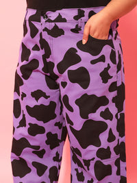 CURVY STREET Women Plus Size Lavender Printed Relaxed Straight Leg Pure Cotton Trousers