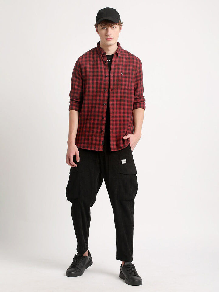 THE BEAR HOUSE Slim Fit Tartan Checks Spread Collar Pocket Cotton Casual Shirt