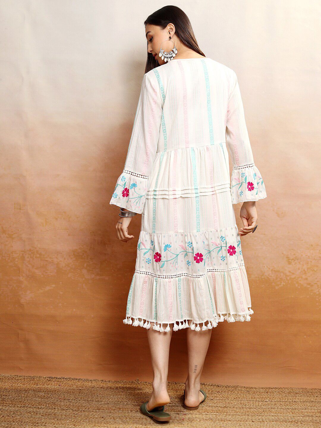 Vishudh White & Pink Floral Embroidered Cotton Fit & Flare Midi Dress