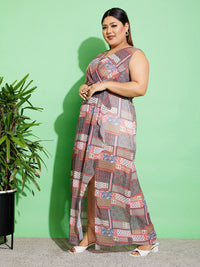 SASSAFRAS Curve Plus Size Brown Ethnic Motifs Print V-Neck Maxi Dress