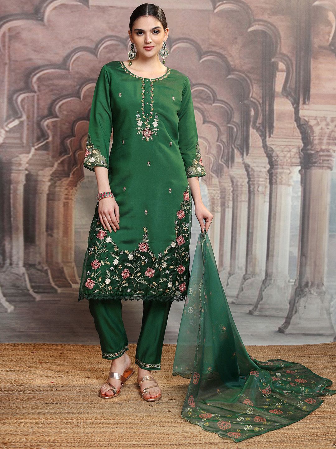 Vishudh Green Floral Embroidered Thread Work Straight Kurta With Trousers & Dupatta