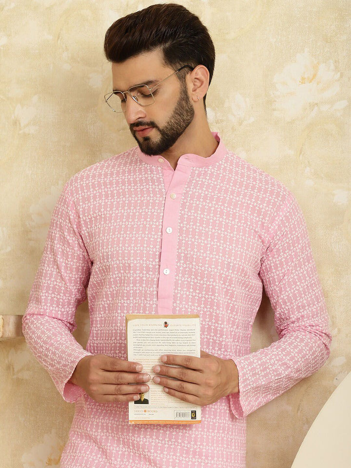 SOJANYA Floral Embroidered Band Collar Pastels Pure Cotton Straight Kurta