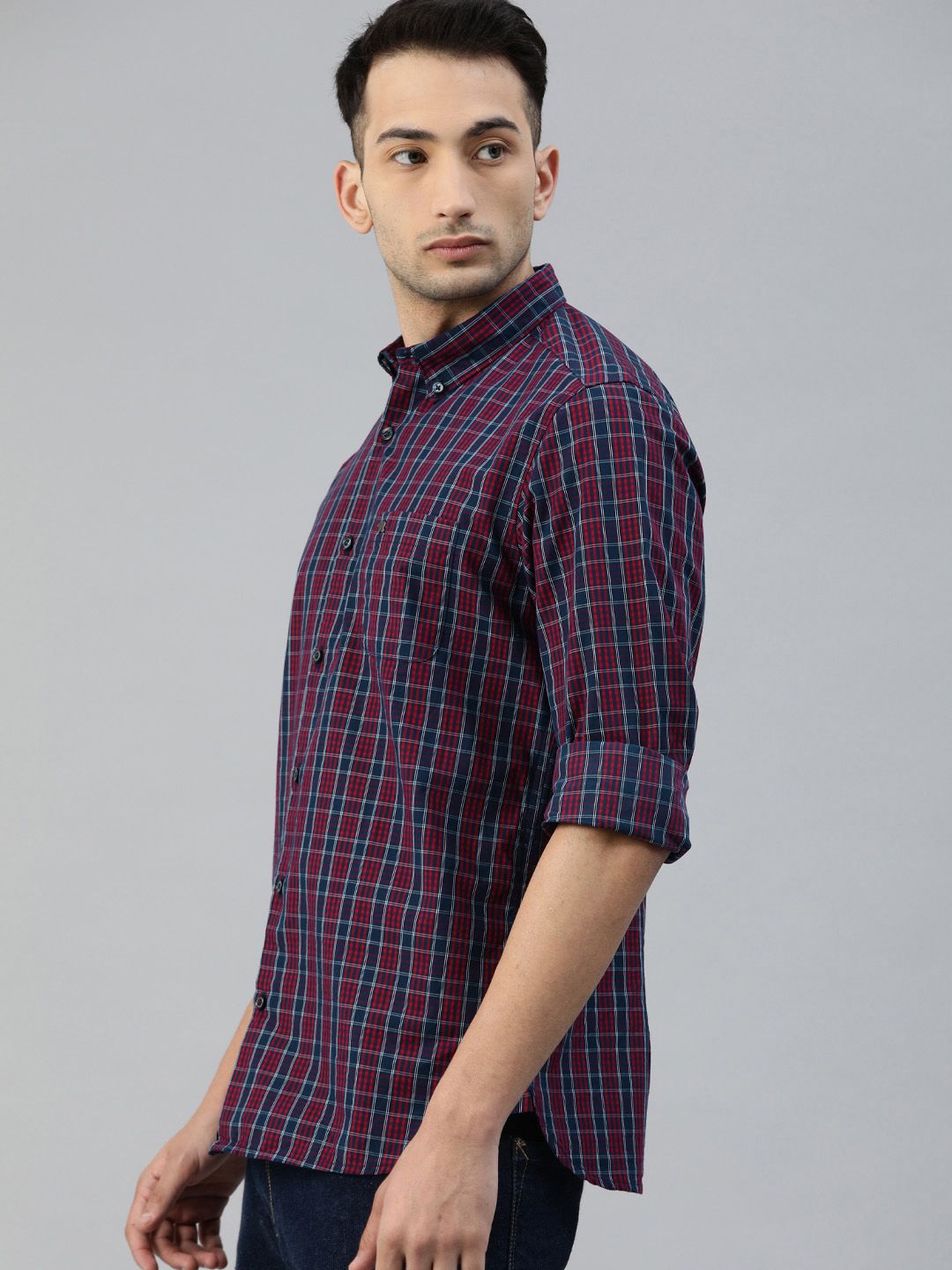 THE BEAR HOUSE Men Red & Navy Blue Slim Fit Checked Casual Shirt