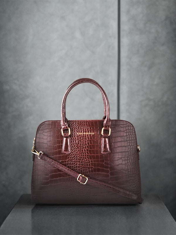Lino Perros Coffee Brown Croc Textured Laptop Bag with Detachable Sling Strap