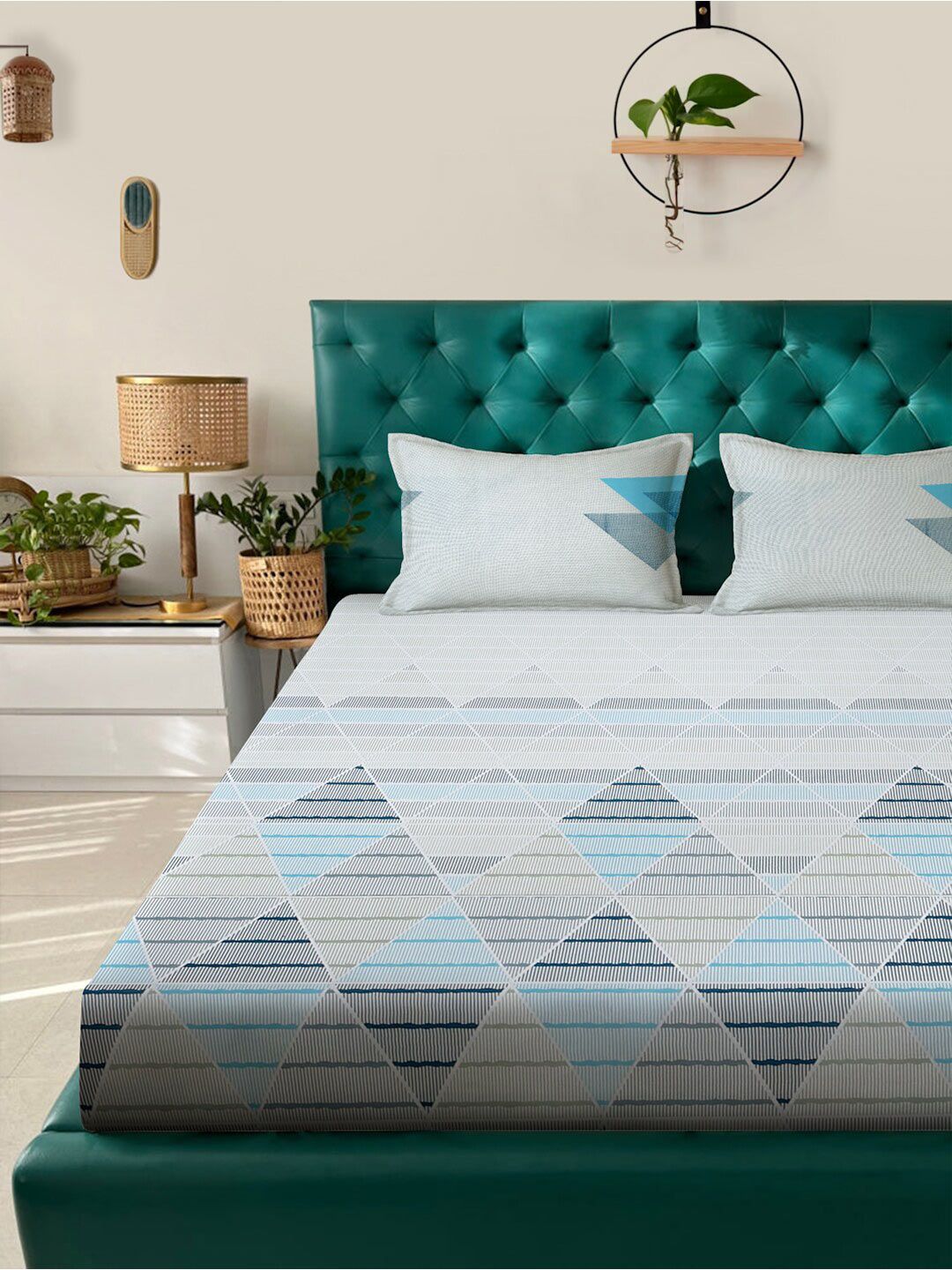 Klotthe Grey Grey Geometric 400 TC Cotton Dipasang Super King Bedsheet dengan 2 penutup bantal