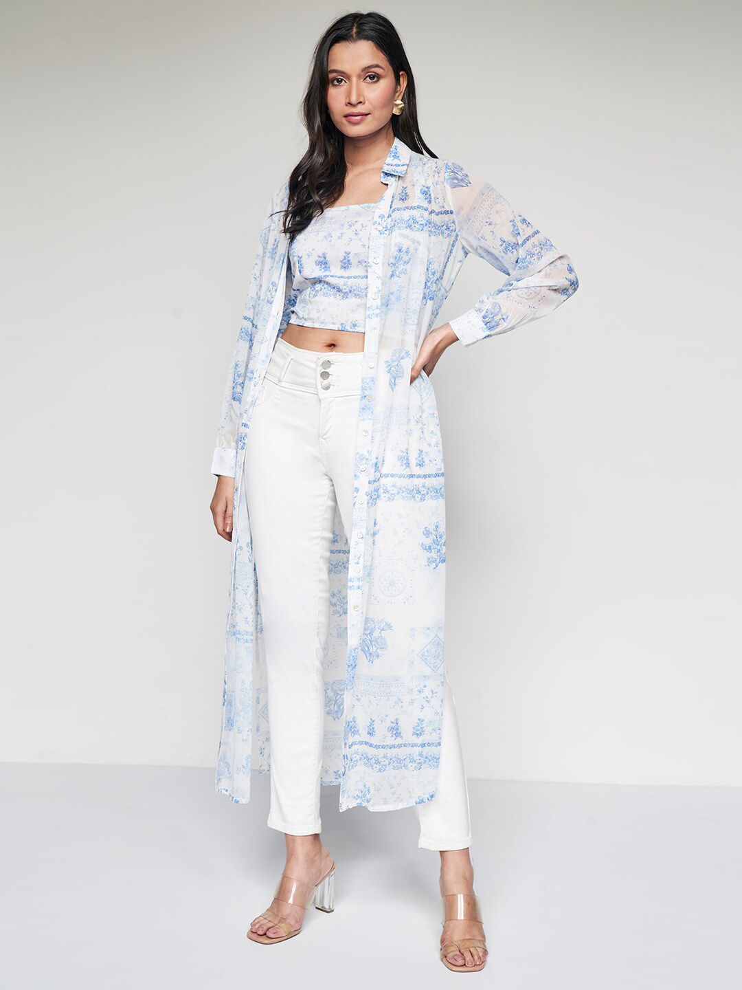 AND Floral Printed Shirt Collar Maxi Longline Top