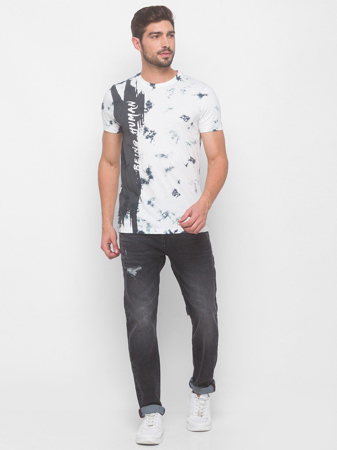 Being Human Men Grey & White Printed T-shirt