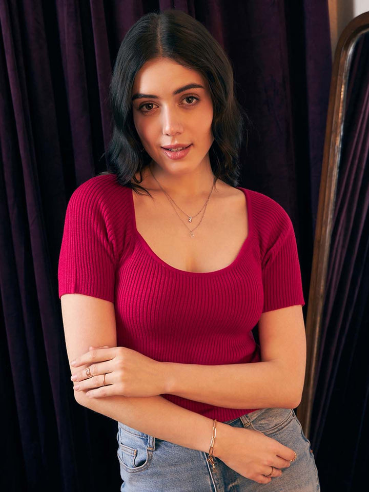 Berrylush Pink Ribbed Scoop Neck Sweater