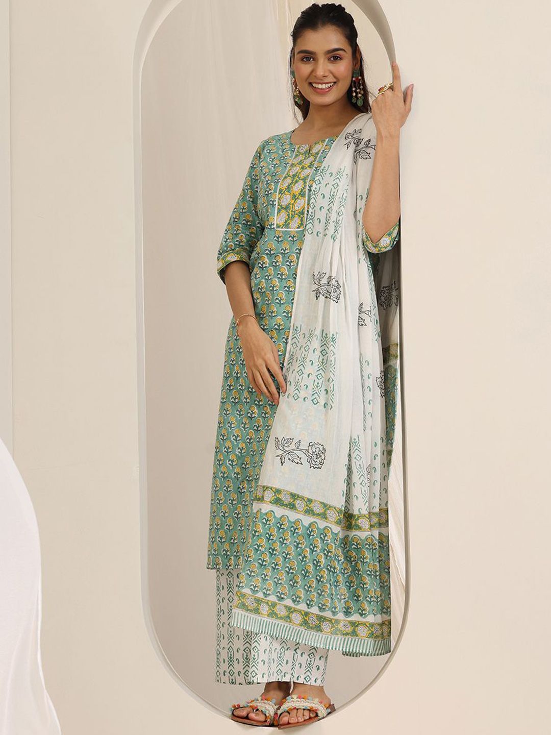 Libas Floral Printed Notch-Neck Straight Kurta With Palazzos And Dupatta