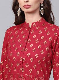 SOJANYA Women Maroon & Golden Foil Print A-Line Kurta