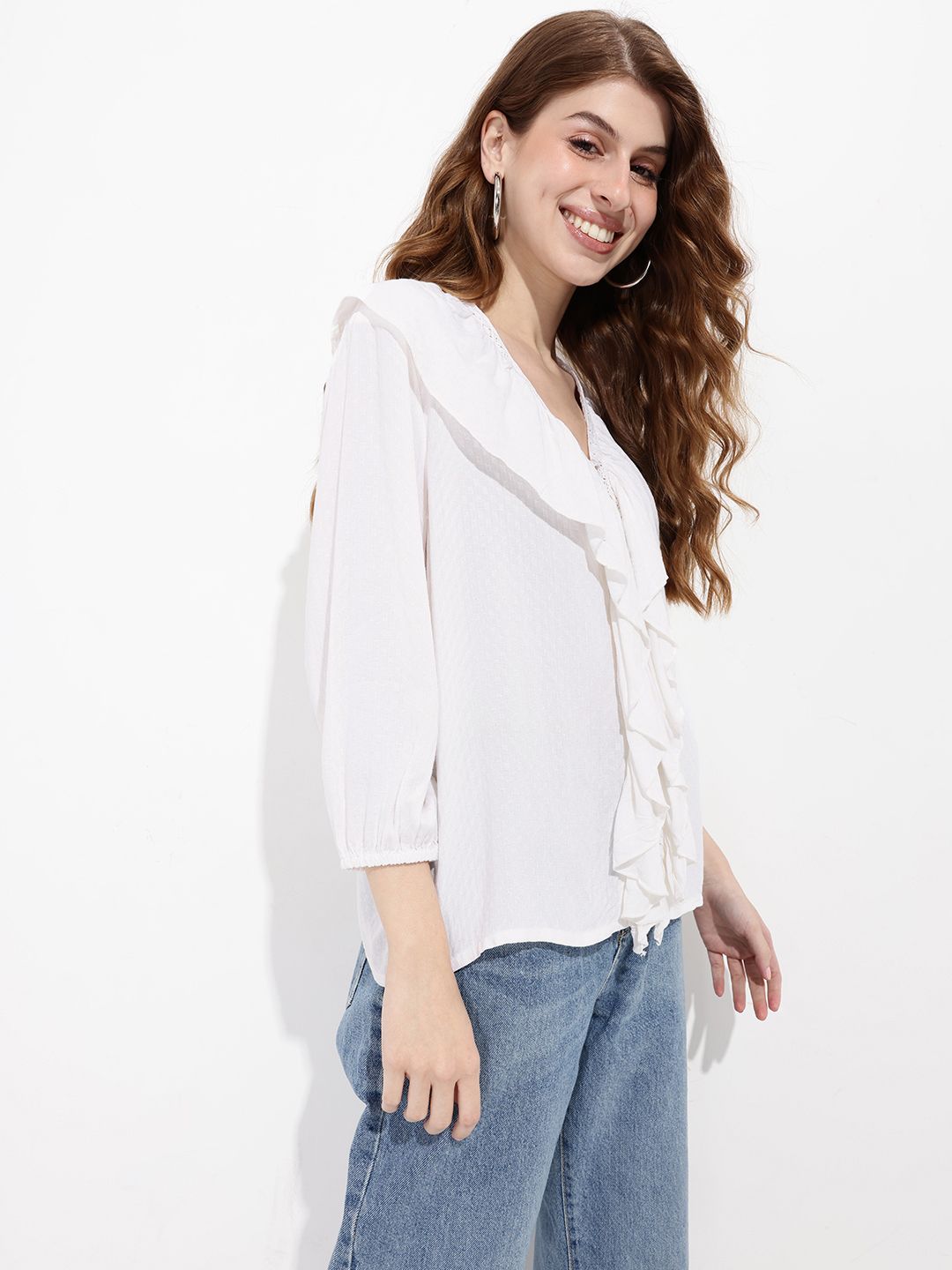 DressBerry Porcelain White Texture Play Ruffled Top