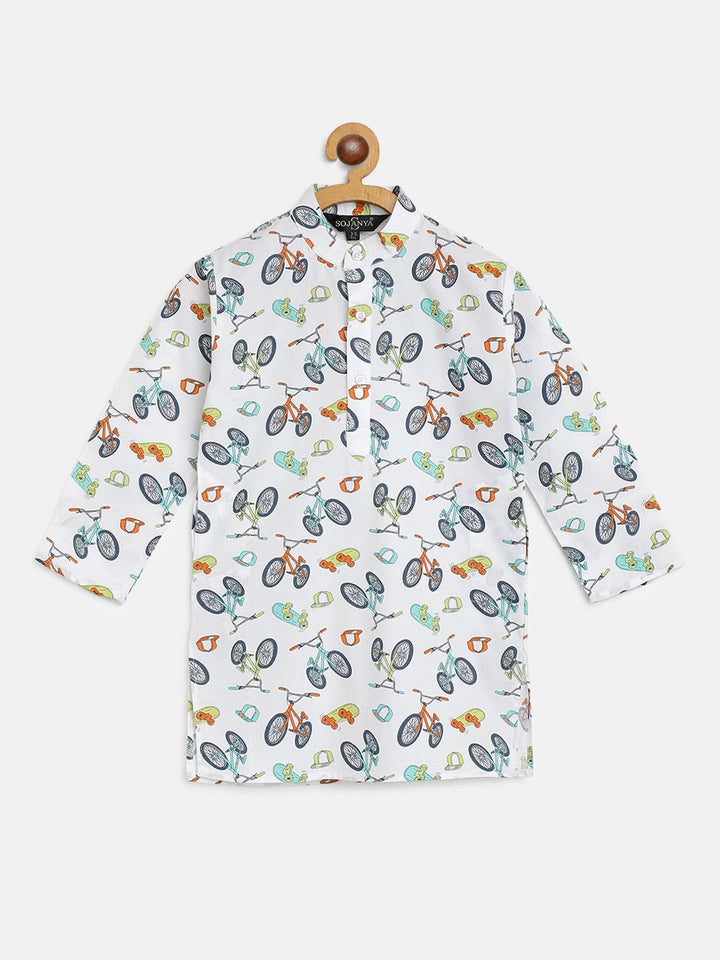 SOJANYA Lelaki Putih & Biru Kapas Bercetak Unik Kurta Lurus