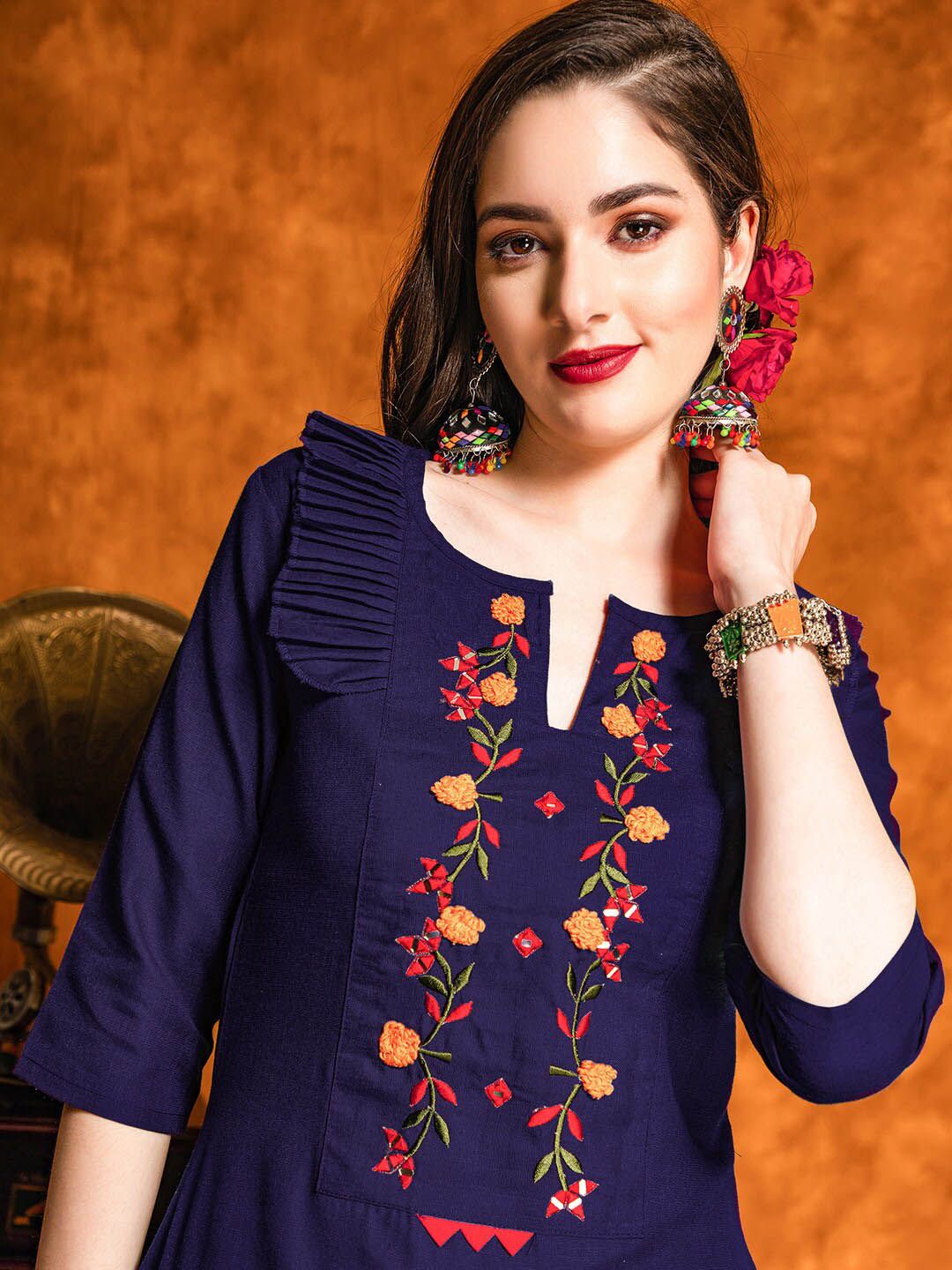 KALINI Floral Embroidered Mirror Work Straight Kurta With Salwar & Dupatta