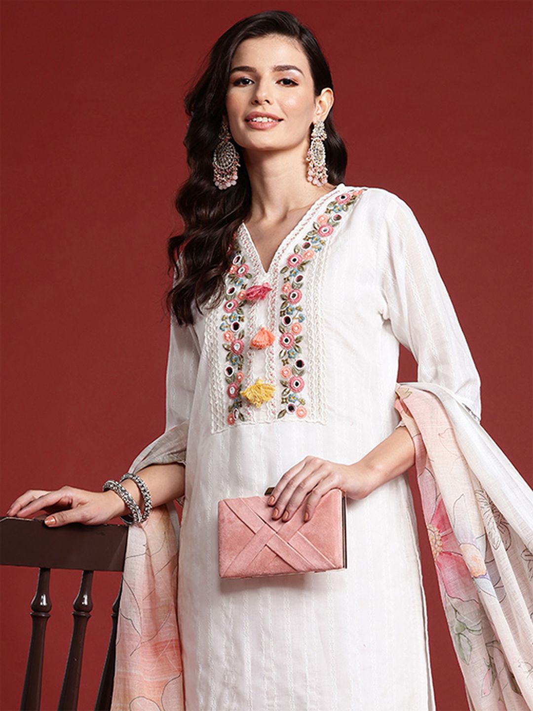 Indo Era Floral Embroidered & Embellished Pure Cotton Kurta with Trousers & Dupatta