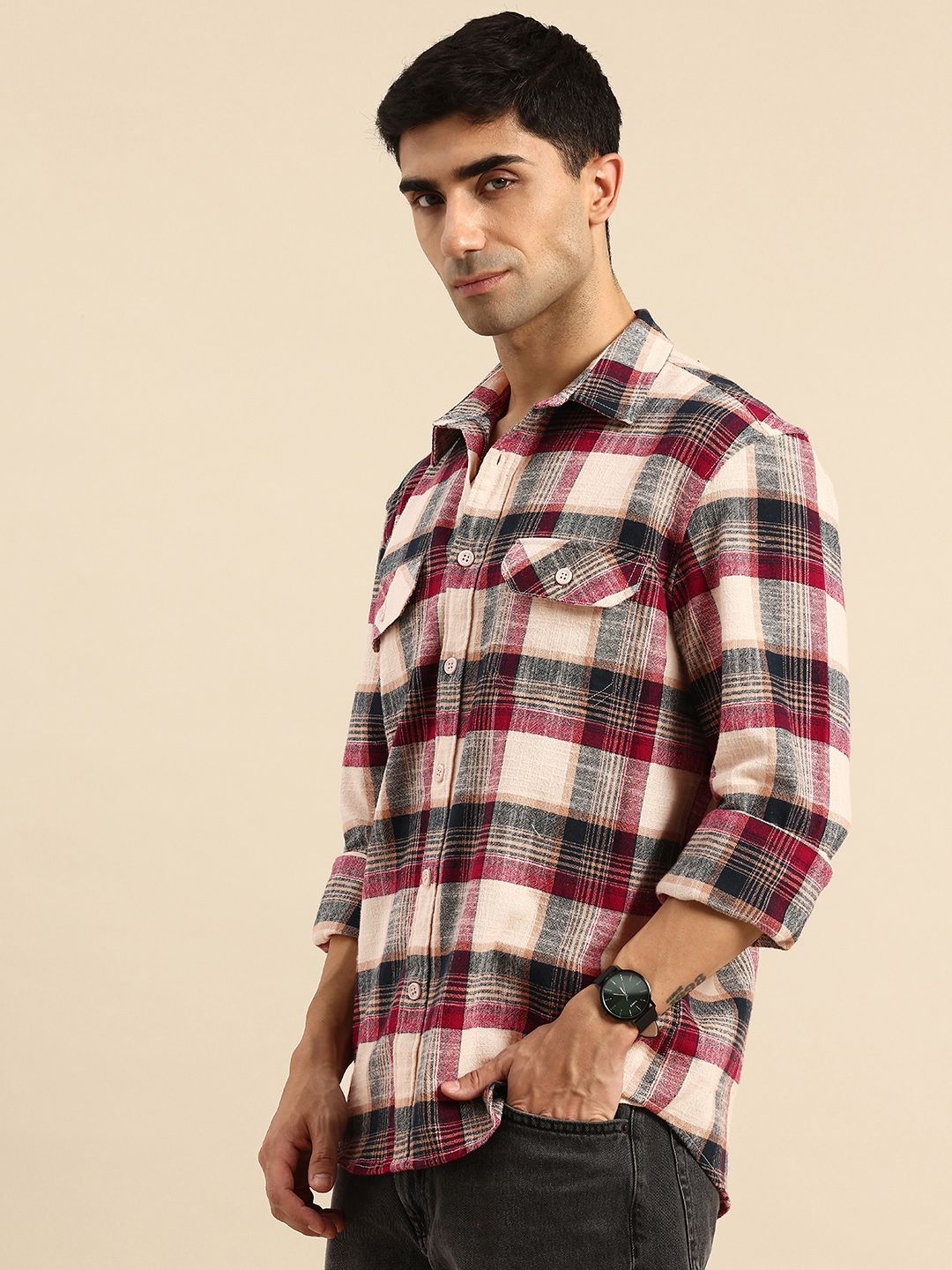 Being Human Checked Drop-Shoulder Sleeves Pure Cotton Casual Shirt