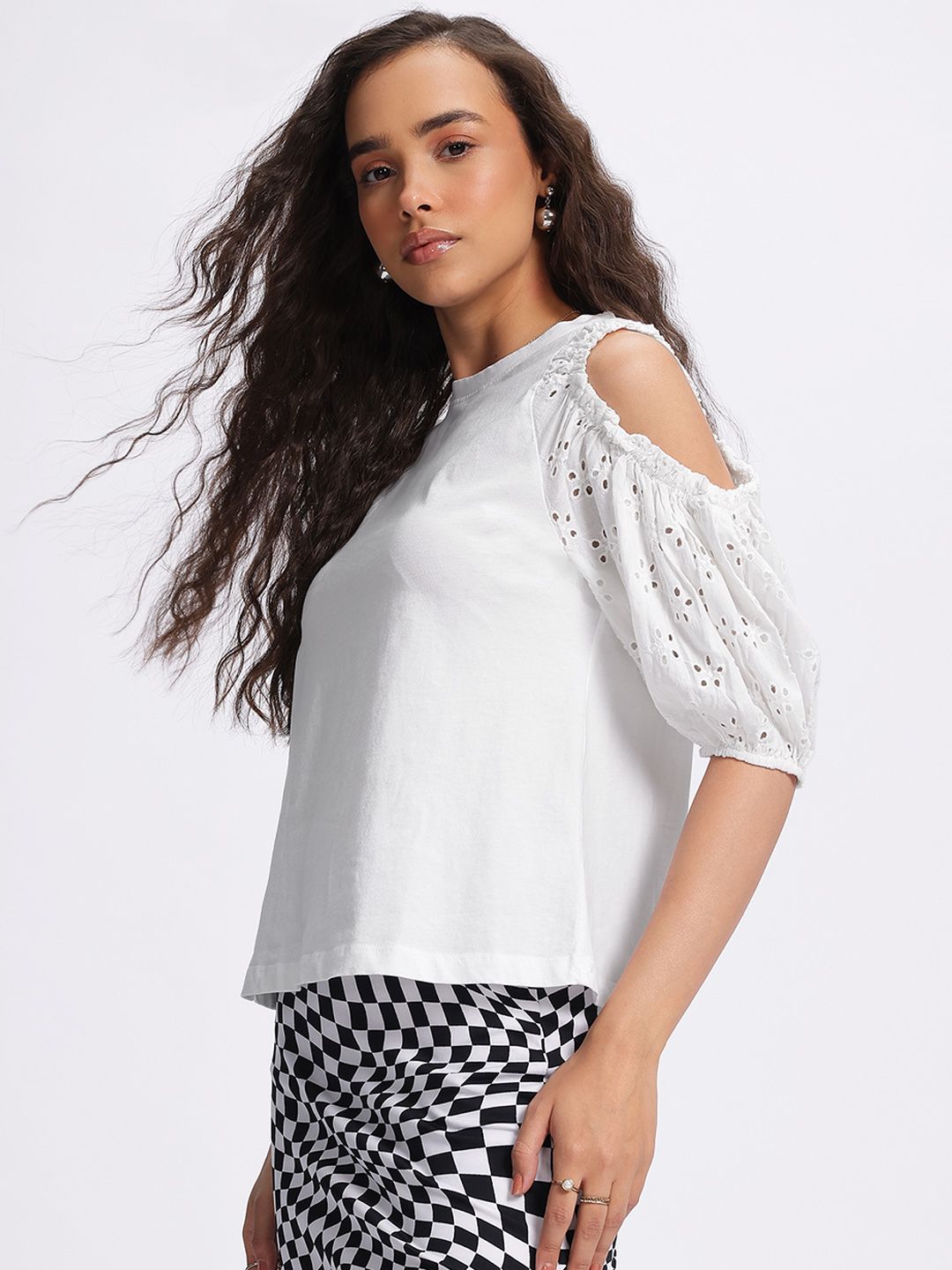 DressBerry Porcelain White Craze Cold-Shoulder Schiffli Top