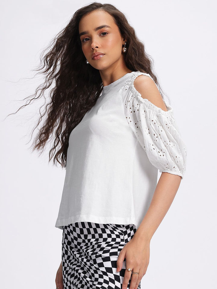DressBerry Porcelain White Craze Cold-Shoulder Schiffli Top