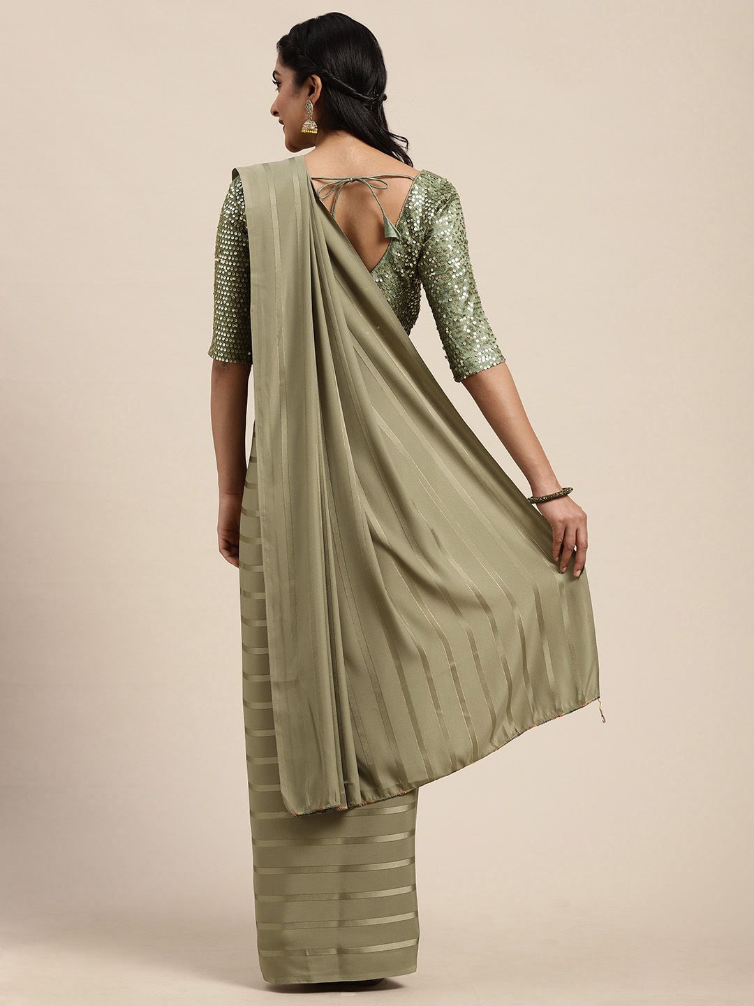 Saree mall Olive Green Satin Striped Saree