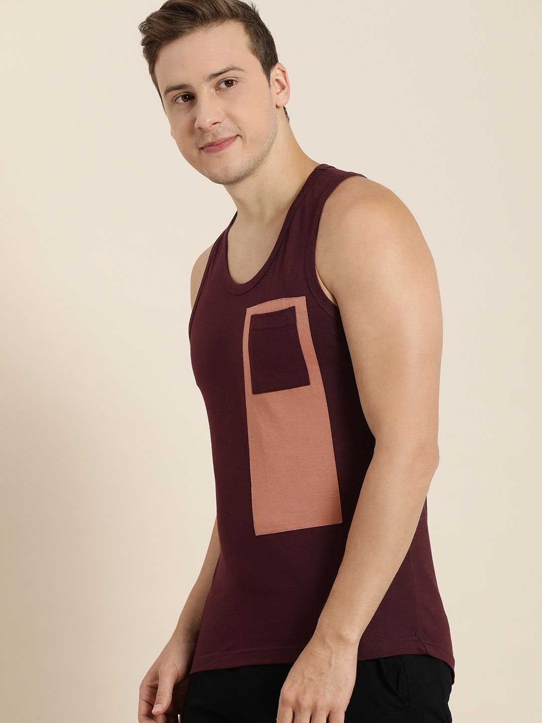 Difference of Opinion Men Maroon  Peach-Coloured Colourblocked Pure Cotton T-shirt