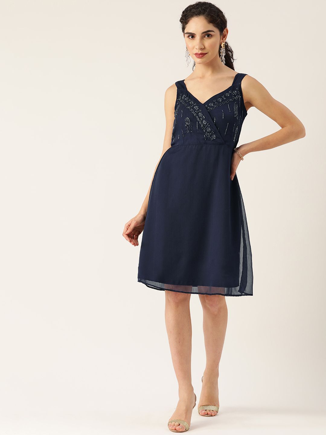 Antheaa Navy Blue Georgette Embellished Wrap Dress