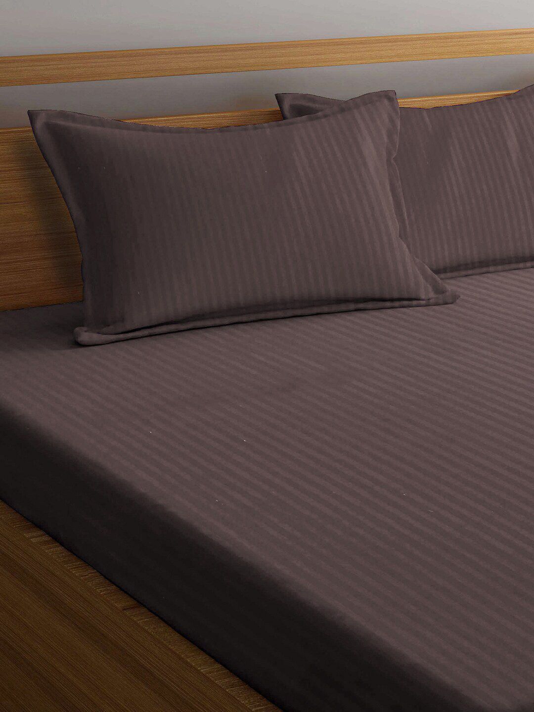 KLOTTHE Kapas Berjalur Coklat Boleh Bernafas 300 TC Cadar Tempat Tidur King Halus dengan 2 Sarung Bantal-250 x 225 cm