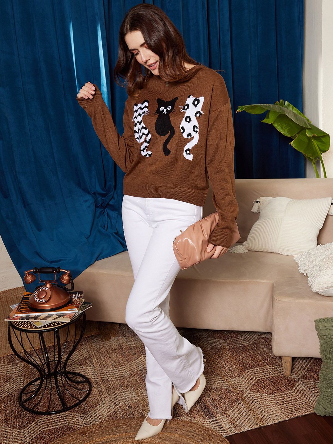 Berrylush Brown Graphic Self Design Acrylic Pullover Sweater