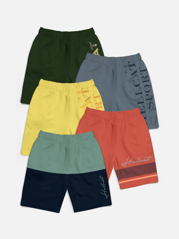 HELLCAT Boys Pack Of 5 Typography Printed Cotton Shorts