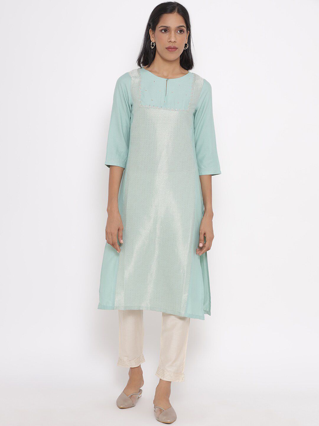 W Women Jacquard Kurta with Embroidered Yoke