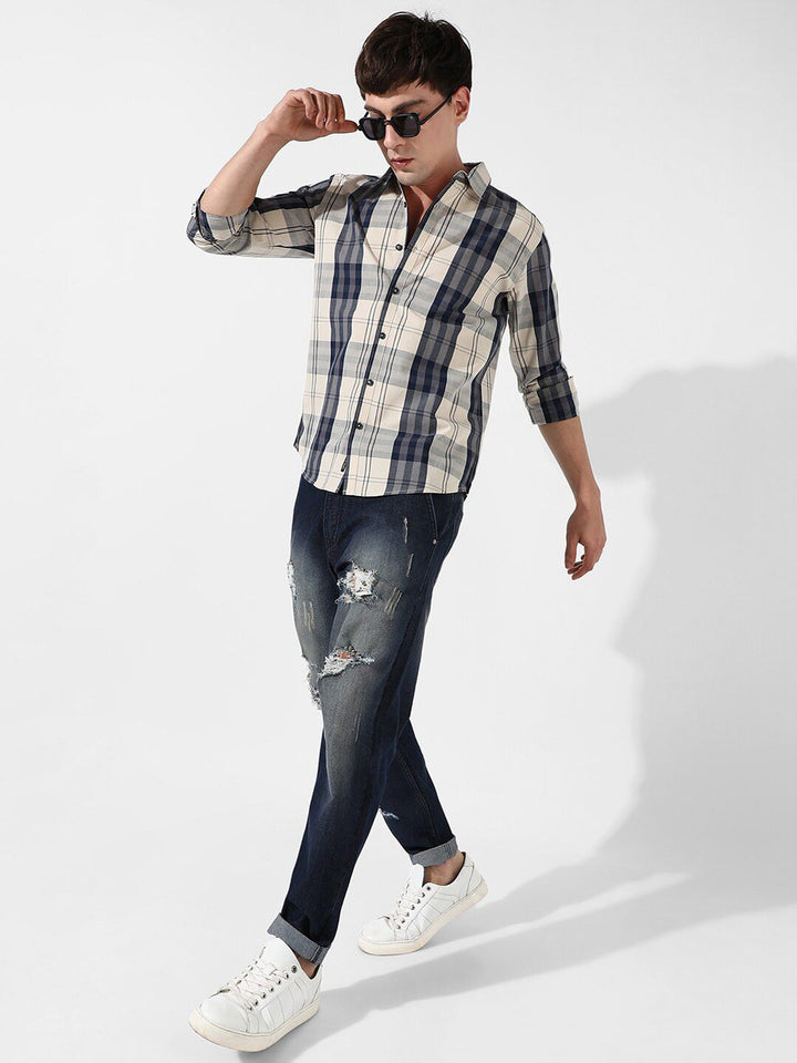 Kampus sutra navy biru klasik tartan memeriksa baju kasta kapas