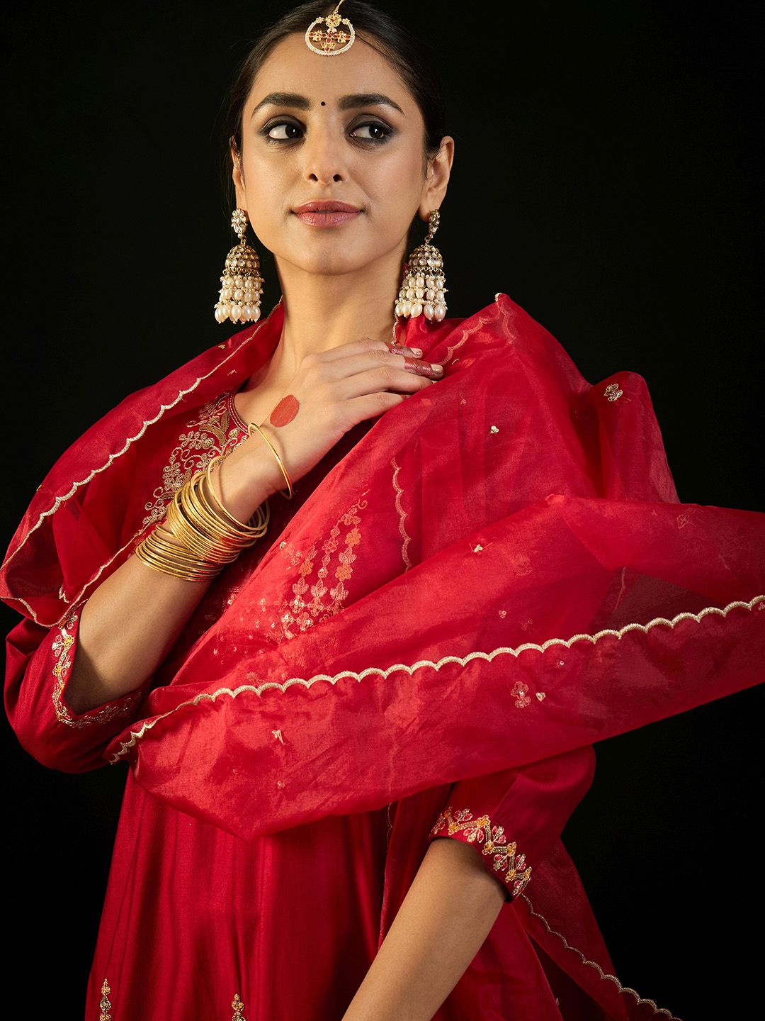 Indo Era Round Neck Ethnic Embroidered Sequinned Kurta with Trouser & Dupatta