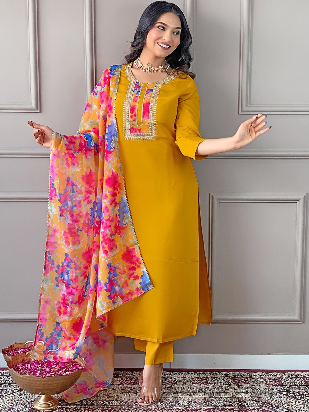 KALINI Ethnic Motifs Yoke Design Thread Work Straight Kurta with Trousers & With Dupatta