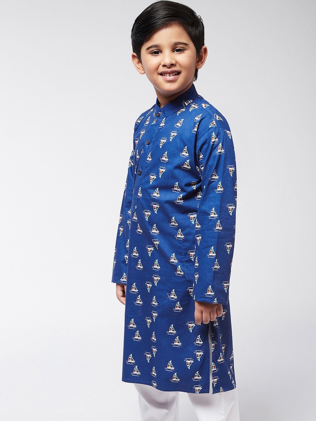 SOJANYA Boys Blue & White Quirky Printed Mandarin Collar Cotton Straight Kurta