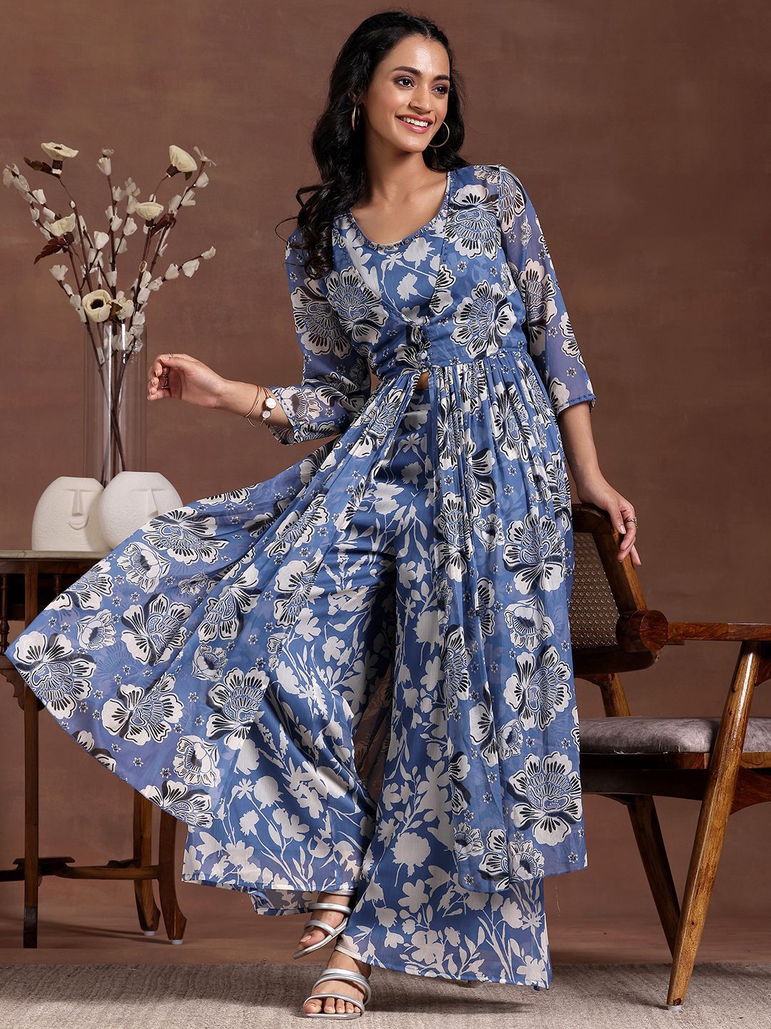 Libas Women floral Printed Tunic, Shrug & Palazzos Co-Ords Co-Ords