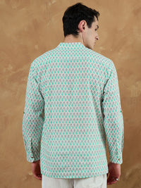 Dennison Men Motif Etnik Putih & Biru Dicetak Kurta