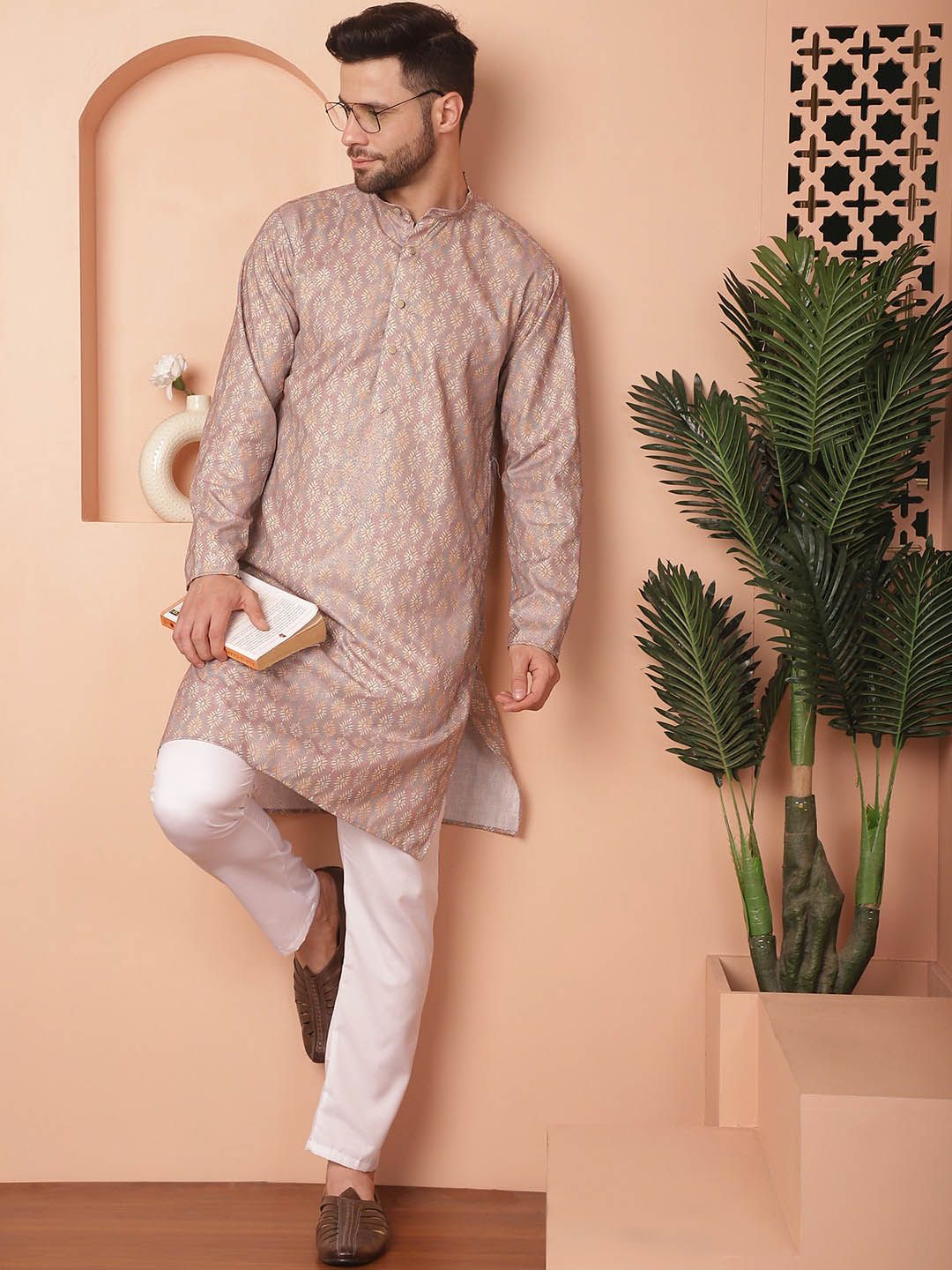 Jompers Floral Foil Printed Mandarin Collar Straight Kurta With Pajamas