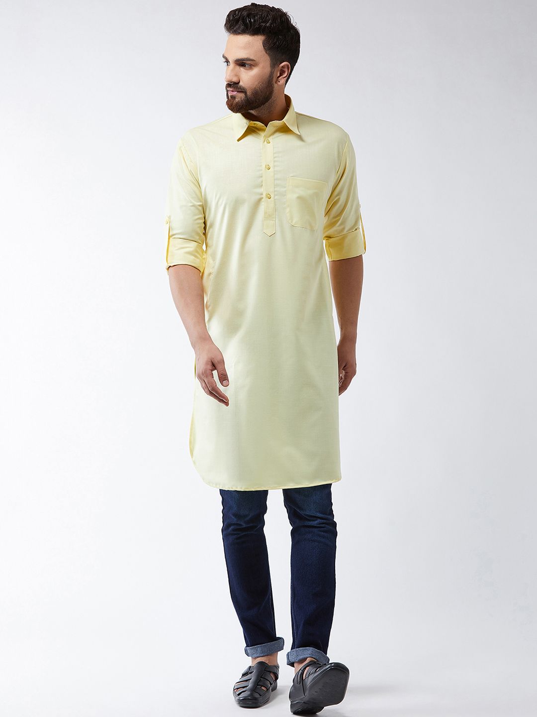 SOJANYA Lelaki Yellow Solid Pathani Kurta