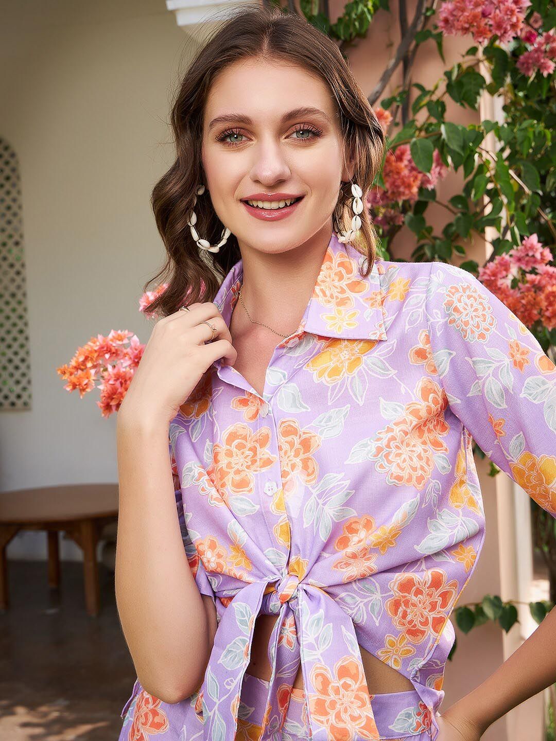 Athena Lavender & Grey Floral Printed Linen Shirt With Trousers