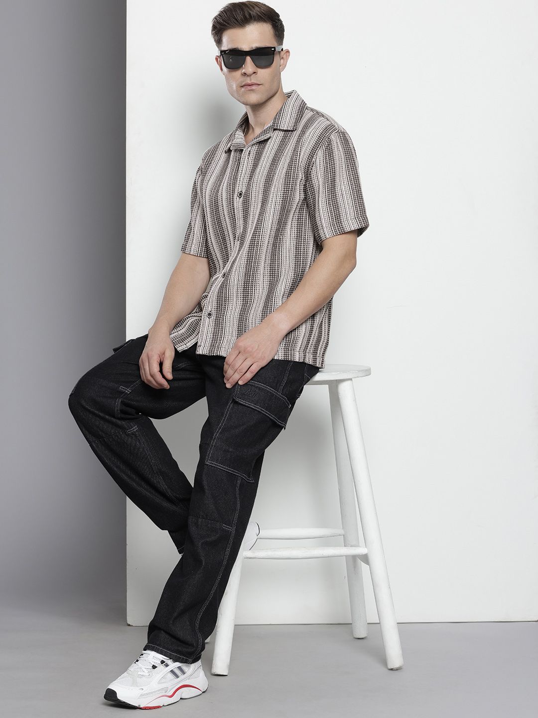 The Indian Garage Co Pure Cotton Striped & Waffle Textured Relaxed Fit Casual Shirt
