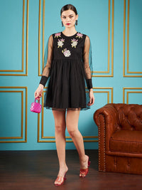 SASSAFRAS Black Floral Embellished Detailed Gathered Detailed Net Fit & Flare Mini Dress