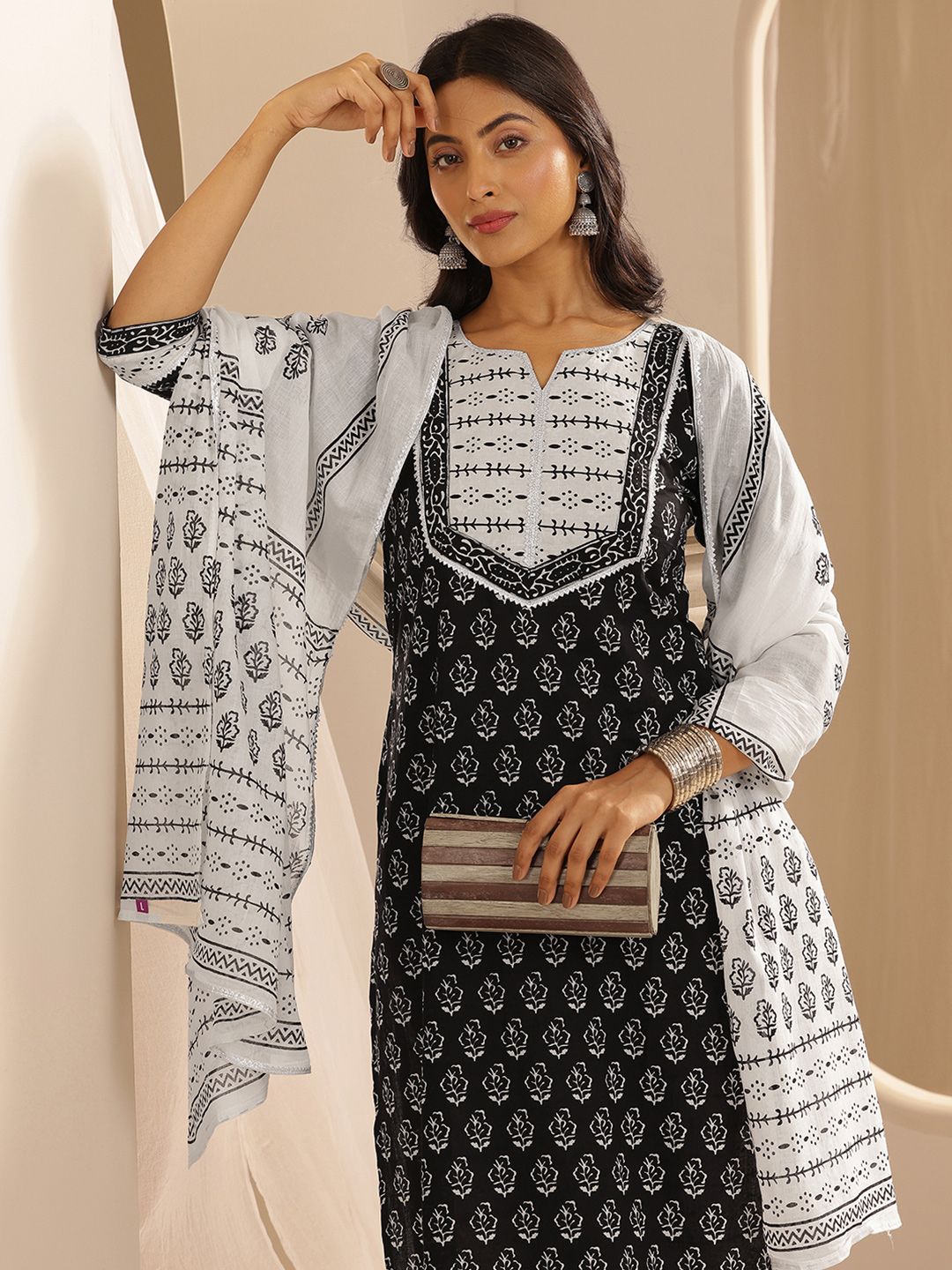Libas Ethnic Motifs Printed Regular Gotta Patti Pure Cotton Kurta with Palazzos & Dupatta