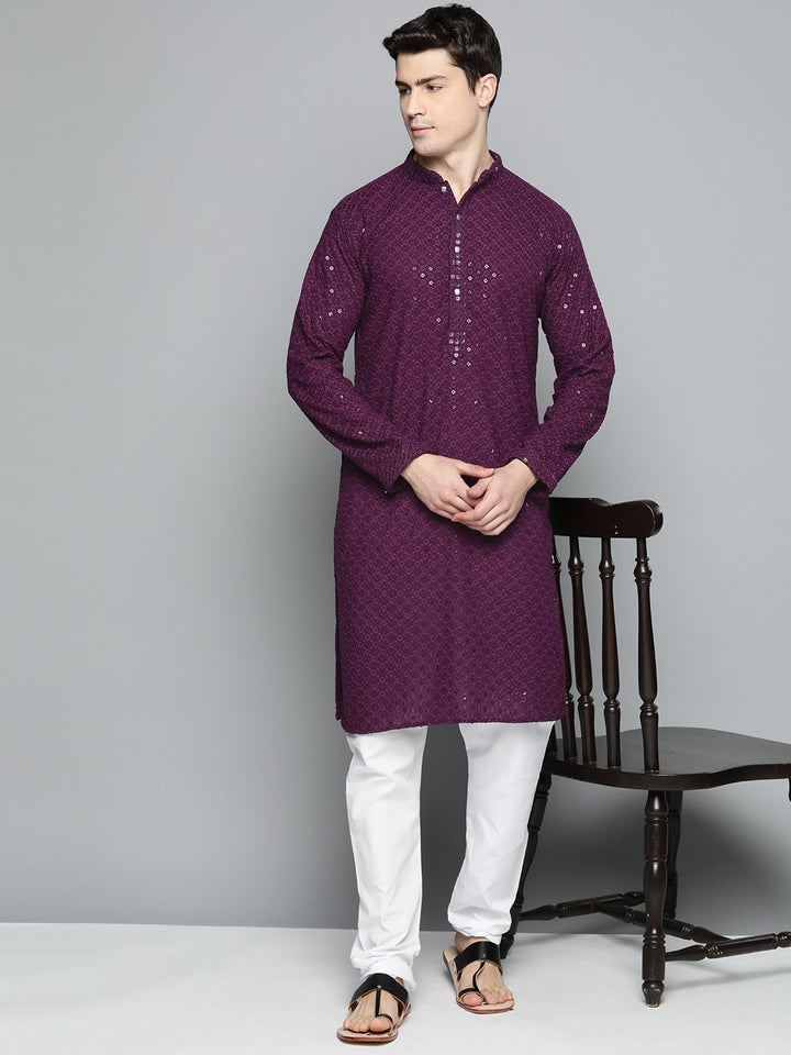 Jompers Men Floral Embroidered Chikankari Pure Cotton Kurta with Churidar