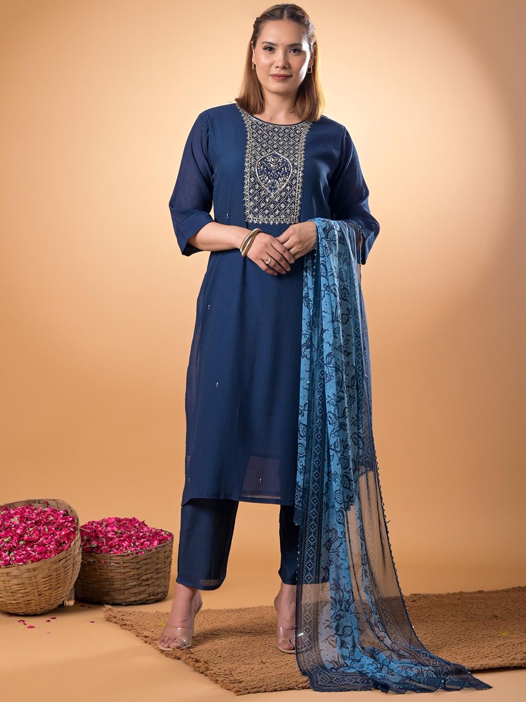 Mamicha Women Woven Design Embroidered Cotton A-Line Kurta with Trousers & Dupatta