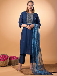 Mamicha Women Woven Design Embroidered Cotton A-Line Kurta with Trousers & Dupatta