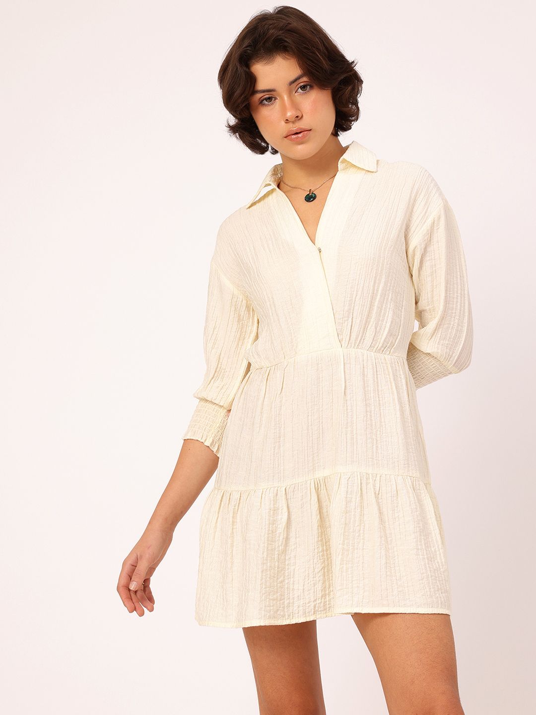 DressBerry Adorable Allure Crinkled Textured Tiered Mini Shirt Style Dress