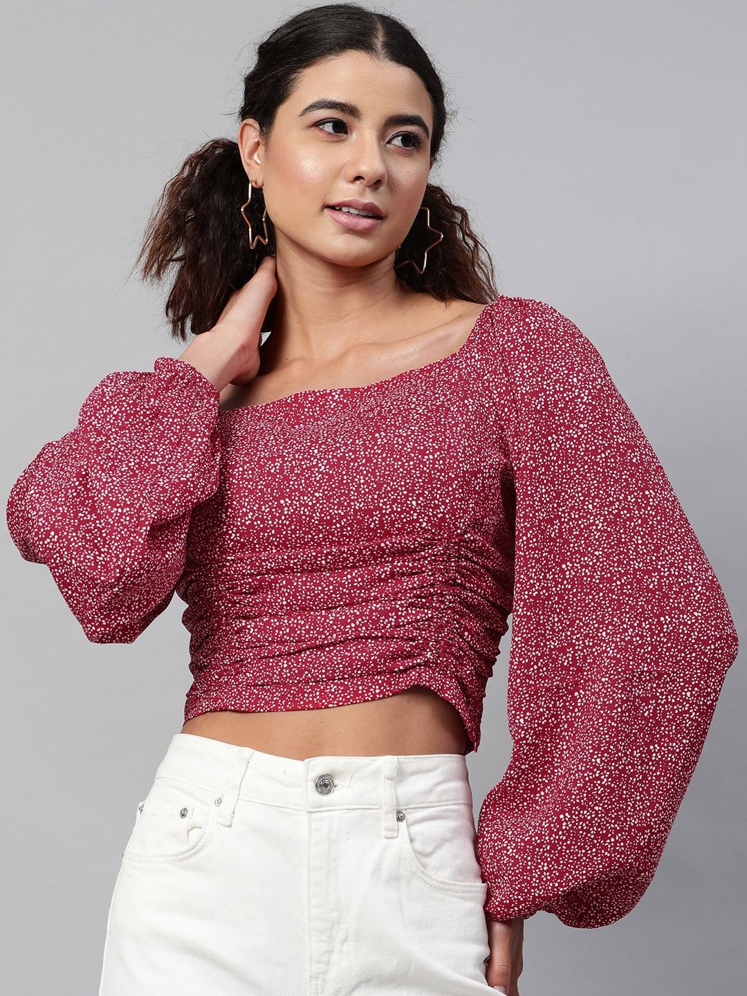 STREET 9 Maroon Floral Georgette Fitted Crop Top
