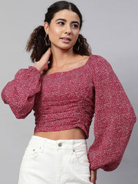 STREET 9 Maroon Floral Georgette Fitted Crop Top